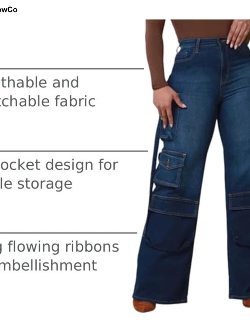 Wide Leg Cargo Jeans High Waisted Stretchy Baggy Denim Pants - Picture 3 of 6